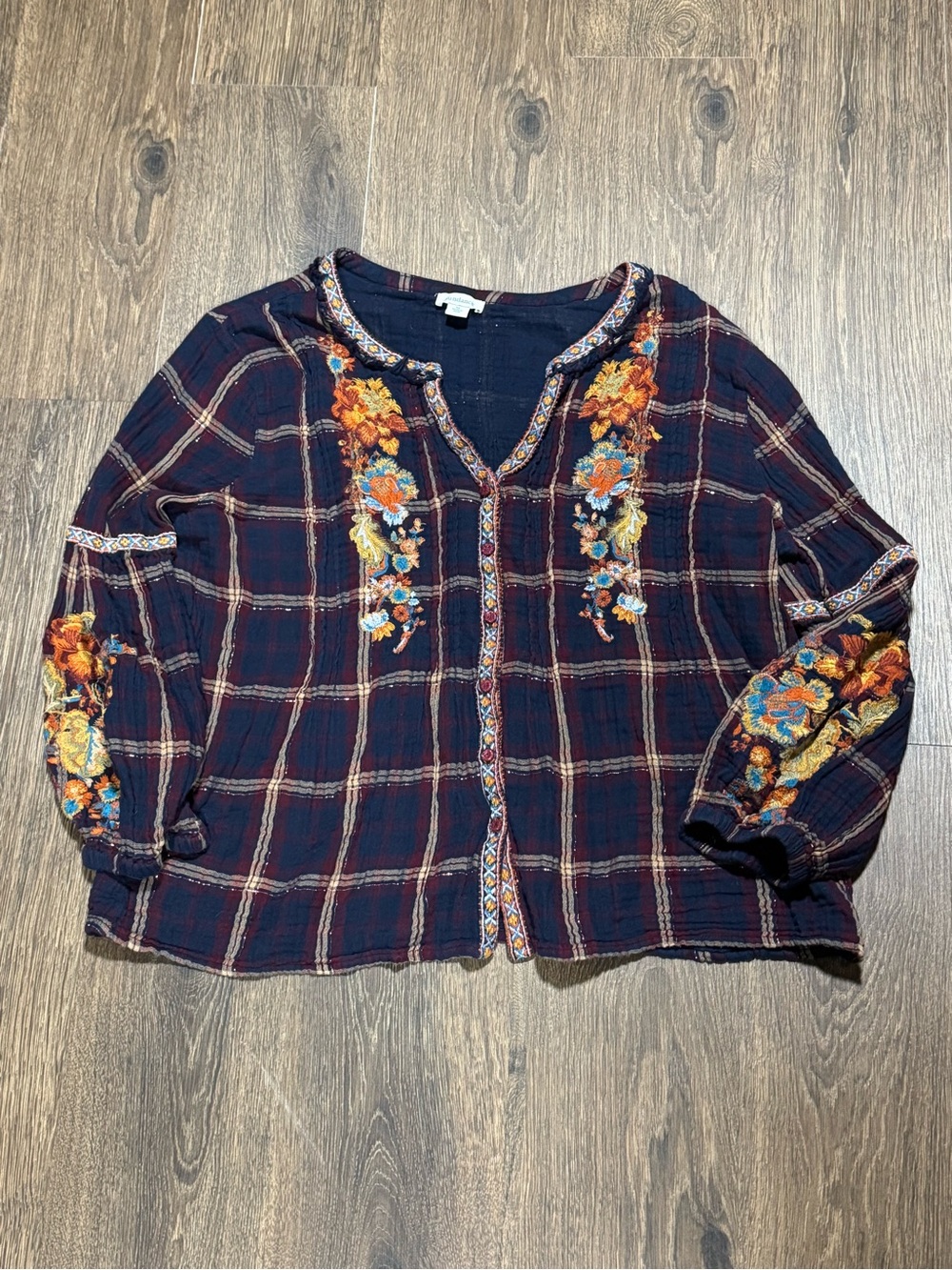 Sundance Women Zinnia Embroidered Floral Plaid Blouse Balloon Sleeve Sz XL Fall